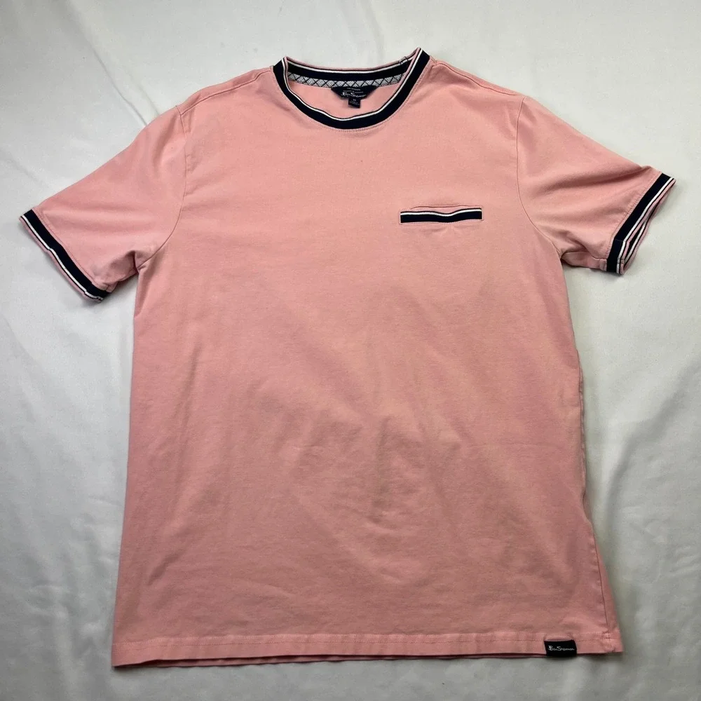 Ben Sherman Mens Pink Short Sleeve T-Shirt‎ Crew Neck Tipped Trim Size M